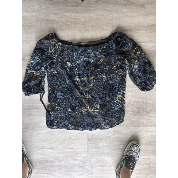 Off Shoulder Burnout Velvet Witchy Whimsigoth Gypsy Boho Top Black Blue Gold L - Picture 6 of 11